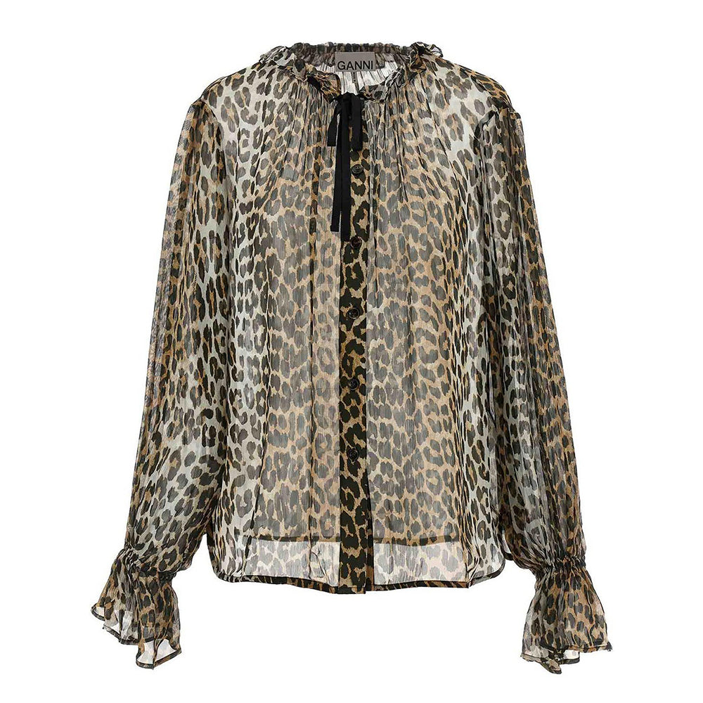 Ganni Printed Tie String Leopard Shirt